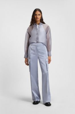 Blusa de manga larga en organza de seda, Celeste