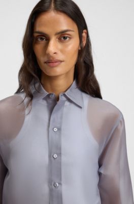 Blusa de manga larga en organza de seda, Celeste