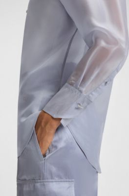 Blusa de manga larga en organza de seda, Celeste