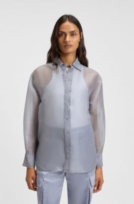Blusa de manga larga en organza de seda, Celeste