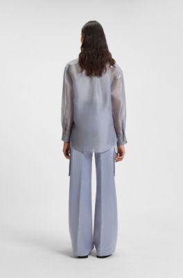 Chemisier &agrave; manches longues en organza de soie, bleu clair