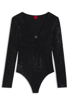 Body brillante de punto el&aacute;stico con ribete de logo apilado, Negro