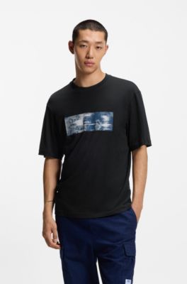 Printed-artwork T-shirt in cotton terry, Black
