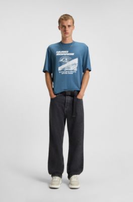Printed-artwork T-shirt in cotton terry, Light Blue