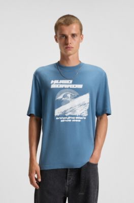 Printed-artwork T-shirt in cotton terry, Light Blue
