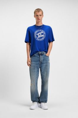 Printed-artwork T-shirt in cotton terry, Light Blue