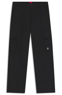 Pantalon cargo coupe droite en tissu cir&eacute;, Noir