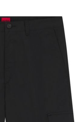 Pantalon cargo coupe droite en tissu cir&eacute;, Noir