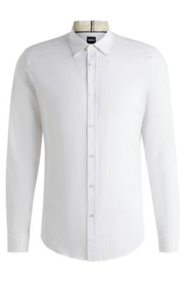 Camisa slim fit de lino el&aacute;stico, Blanco