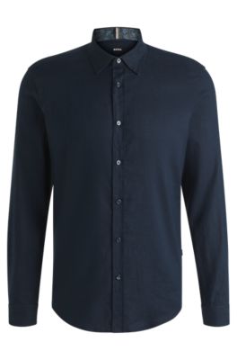 Camisa slim fit de lino el&aacute;stico, Azul oscuro