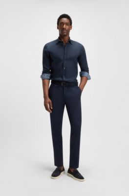Camisa slim fit de lino el&aacute;stico, Azul oscuro