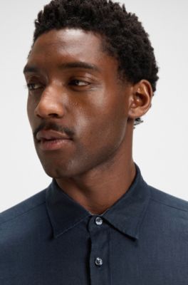 Camisa slim fit de lino el&aacute;stico, Azul oscuro