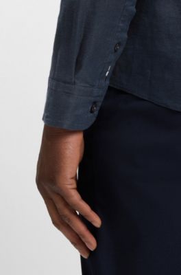 Camisa slim fit de lino el&aacute;stico, Azul oscuro