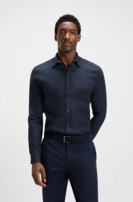 Camisa slim fit de lino el&aacute;stico, Azul oscuro