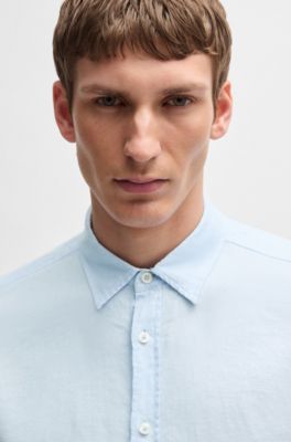 Slim-fit shirt in stretch linen, Light Blue