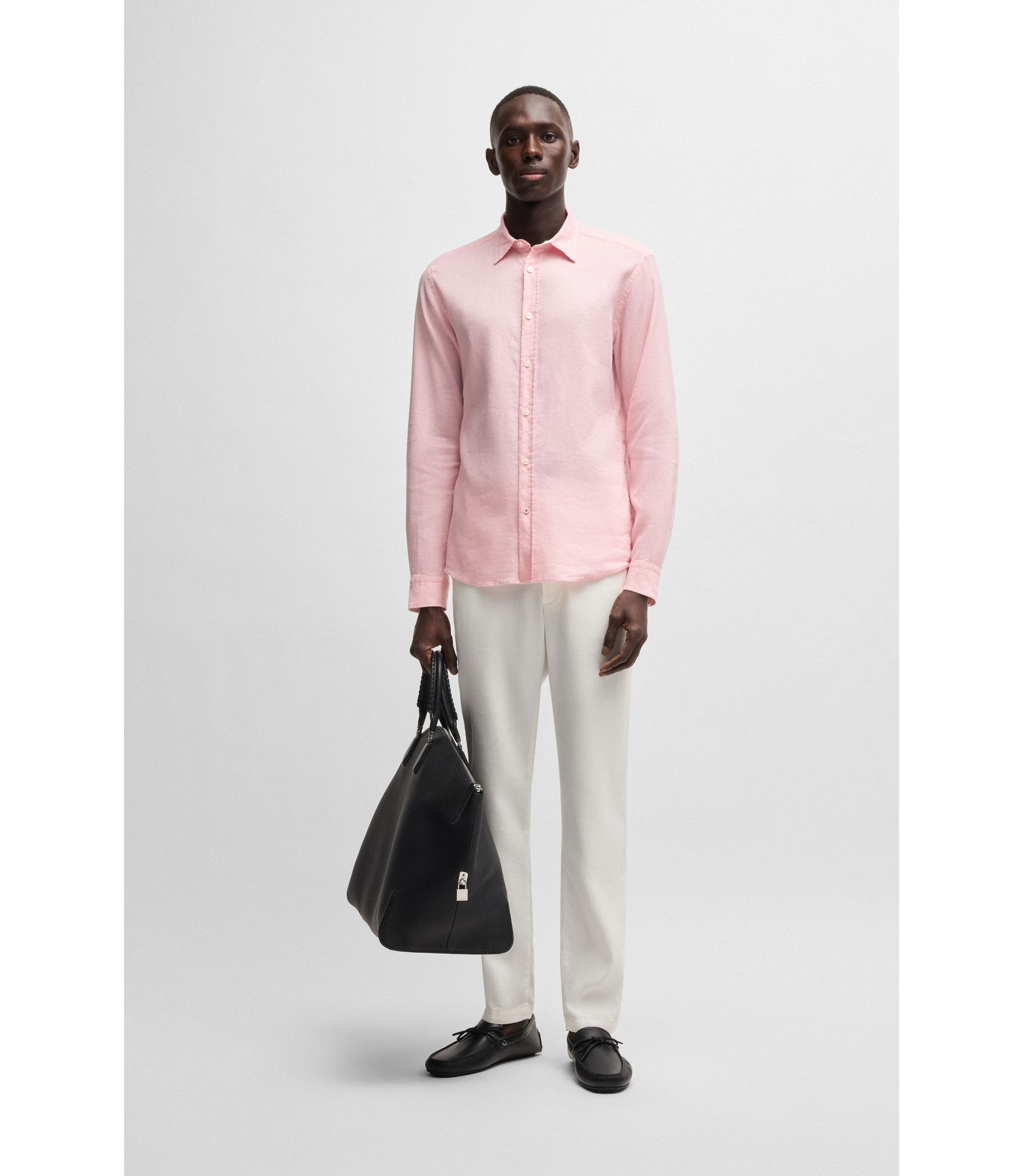シャツ BOSS Men Shirt Pink 50527242 688 BOSS - Slim-fit shirt in stretch linen - light pink