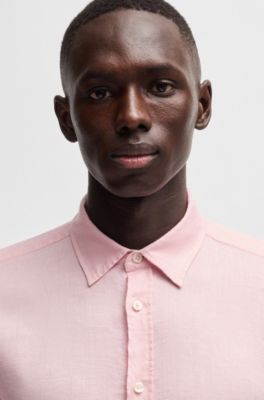 Camisa slim fit de lino el&aacute;stico, Rosa claro