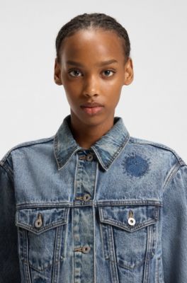 Veste en jean Relaxed &agrave; motifs brod&eacute;s, Bleu