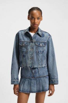 Veste en jean Relaxed &agrave; motifs brod&eacute;s, Bleu