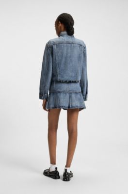 Veste en jean Relaxed &agrave; motifs brod&eacute;s, Bleu