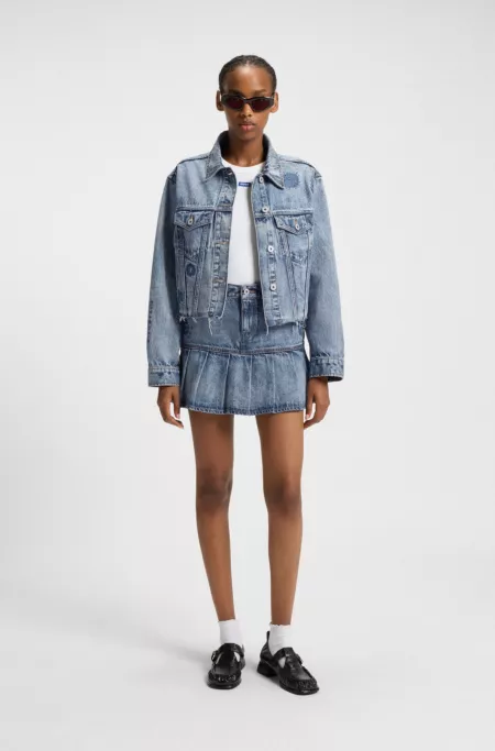 Blue rigid-denim mini skirt with half pleating