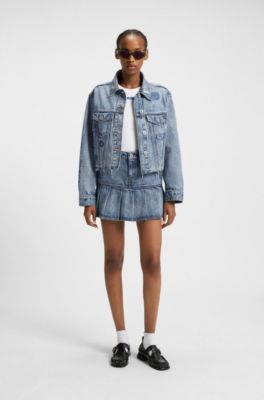 Blue rigid-denim mini skirt with half pleating, Blue