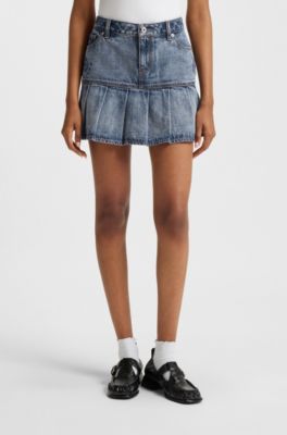 Blue rigid-denim mini skirt with half pleating, Blue
