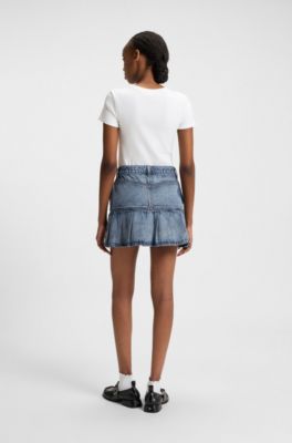 Blue rigid-denim mini skirt with half pleating, Blue