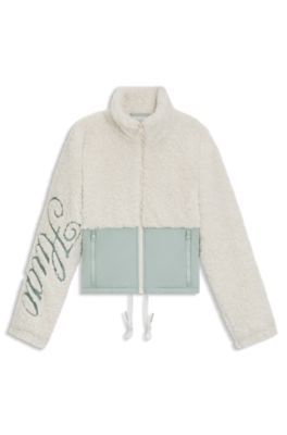 Chaqueta de peluche en bloques de color y con logo bordado, Blanco