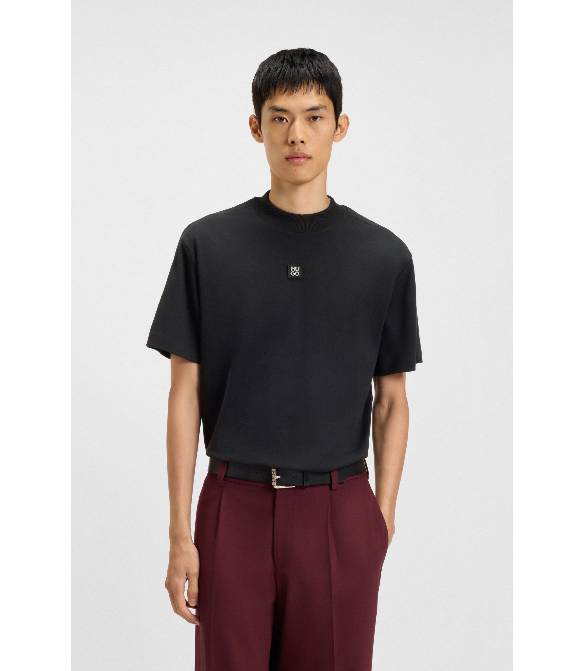 HUGO - Geometric-tape T-shirt in interlock cotton - Black