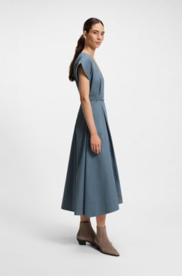 Vestido de algod&oacute;n con cintur&oacute;n de hebilla, Celeste