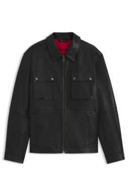 Chaqueta de piel regular fit con bolsillos con solapa, Negro