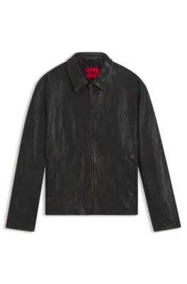 Chaqueta de piel granulada con pespuntes, Marr&oacute;n