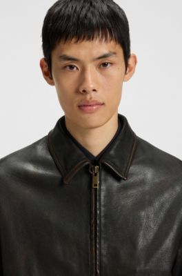 Topstitched jacket in grained leather, Brown