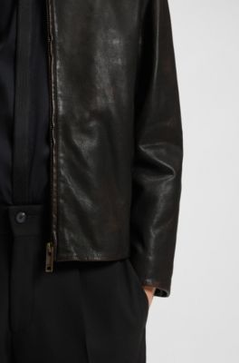 Chaqueta de piel granulada con pespuntes, Marr&oacute;n