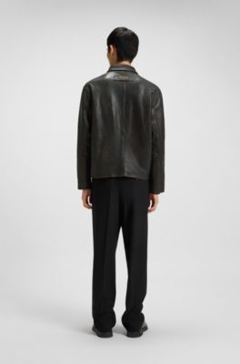 Chaqueta de piel granulada con pespuntes, Marr&oacute;n