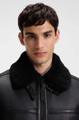 Veste en cuir avec finitions en peau retourn&eacute;e, Noir