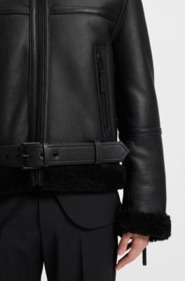 Veste en cuir avec finitions en peau retourn&eacute;e, Noir