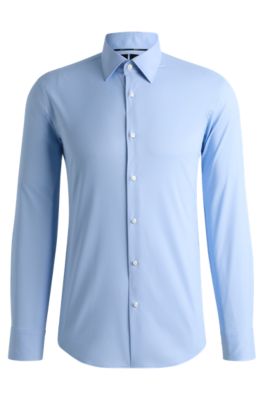 Regular-fit shirt in structured stretch fabric, Light Blue
