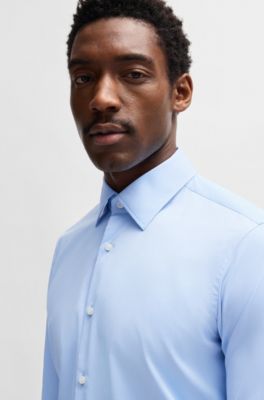 Regular-fit shirt in structured stretch fabric, Light Blue