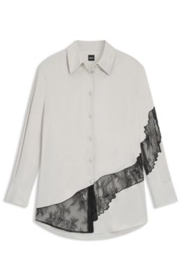 Blusa regular fit con detalles de encaje, Gris claro