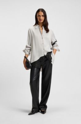 Blusa regular fit con detalles de encaje, Gris claro