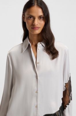 Regular-fit blouse with lace details, Light Grey