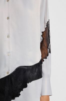 Blusa regular fit con detalles de encaje, Gris claro