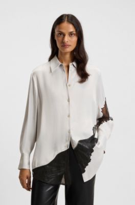 Blusa regular fit con detalles de encaje, Gris claro