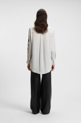 Blusa regular fit con detalles de encaje, Gris claro
