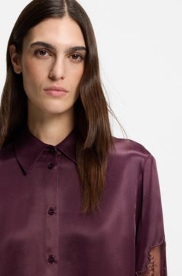Regular-fit blouse with lace details, Dark Purple