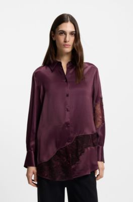 Regular-fit blouse with lace details, Dark Purple
