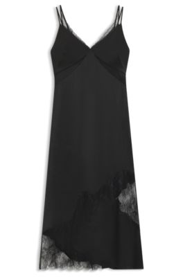 Vestido lencero de sat&eacute;n con detalles de encaje, Negro
