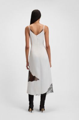 Lace-detail slip dress in soft sateen, Light Grey